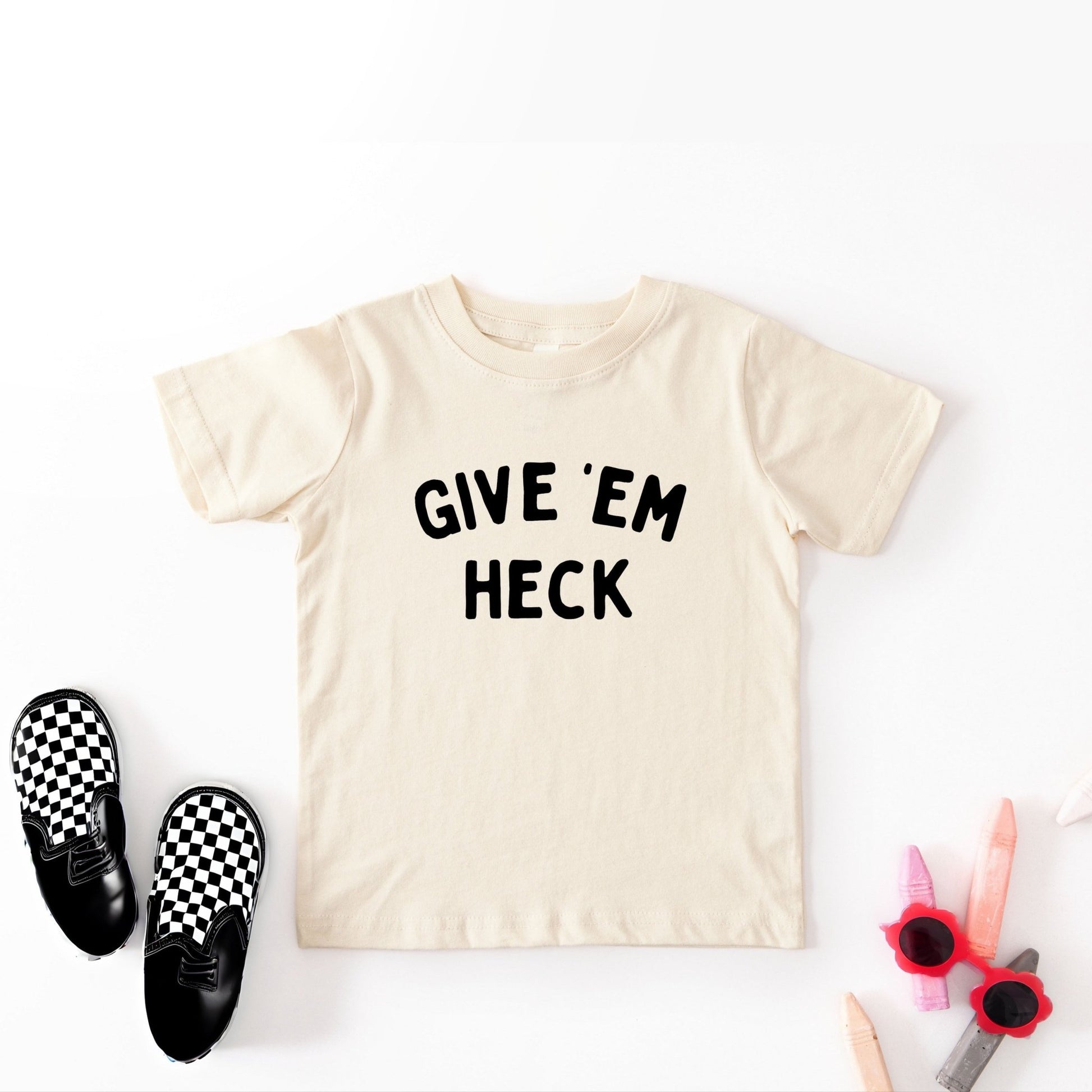 Give 'Em Heck Kids Graphic Tee, Funny Baseball Shirt For Kids - The Wishing Elephant