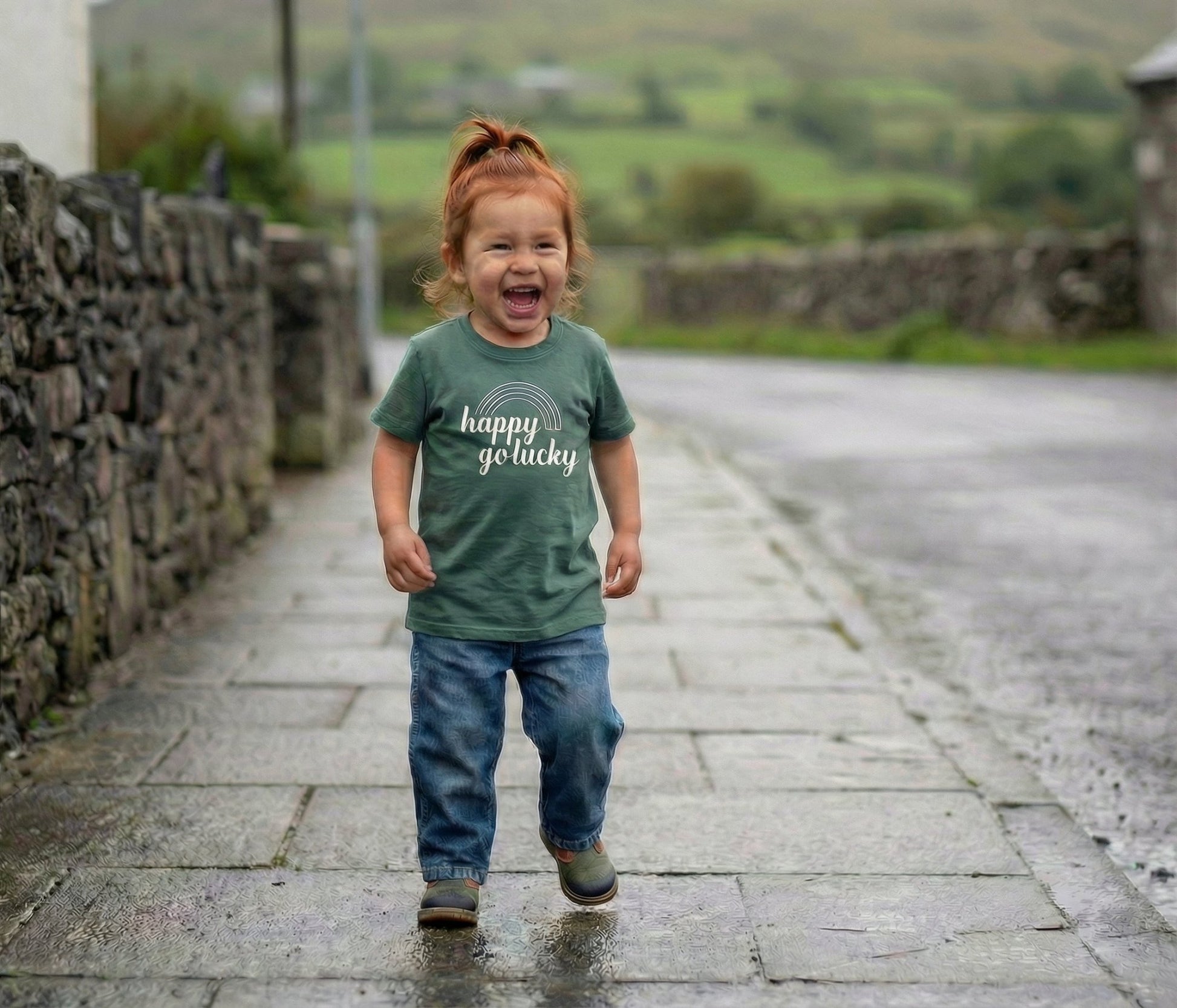 Happy Go Lucky Sage Green Kids T-Shirt - The Wishing Elephant