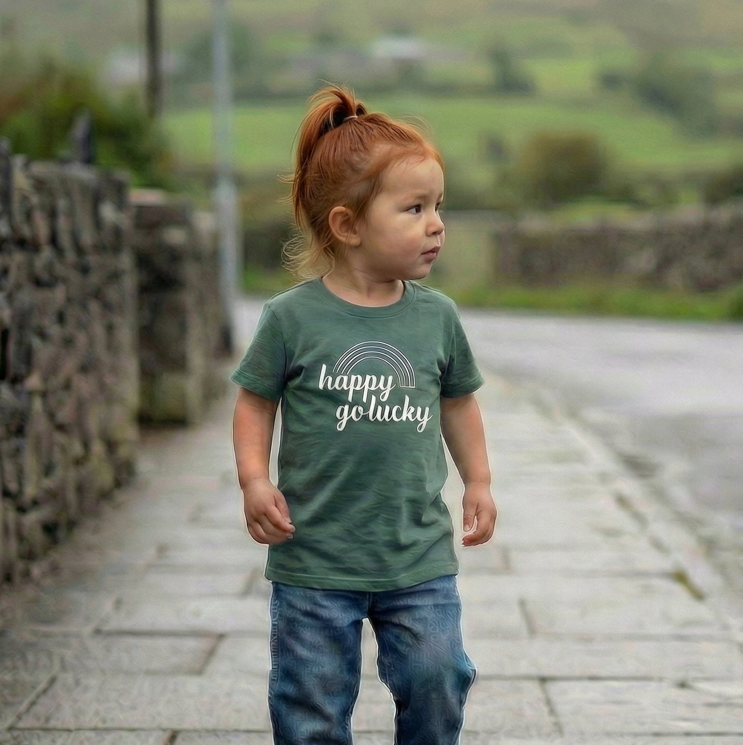 Happy Go Lucky Sage Green Kids T-Shirt - The Wishing Elephant