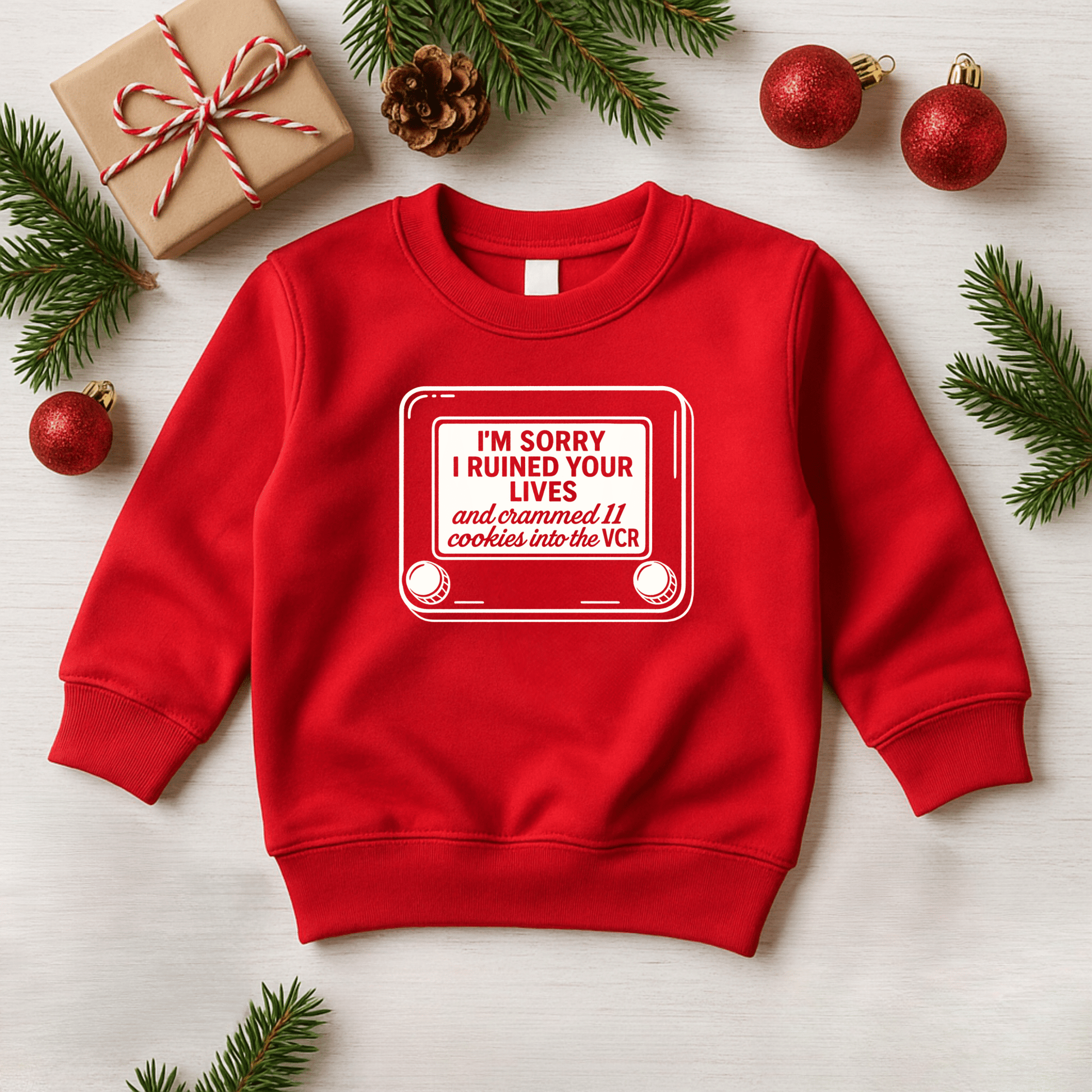 I'm Sorry I Ruined your Lives and Crammed 11 Cookies in the VCR - Kids Christmas Sweatshirt - The Wishing Elephant