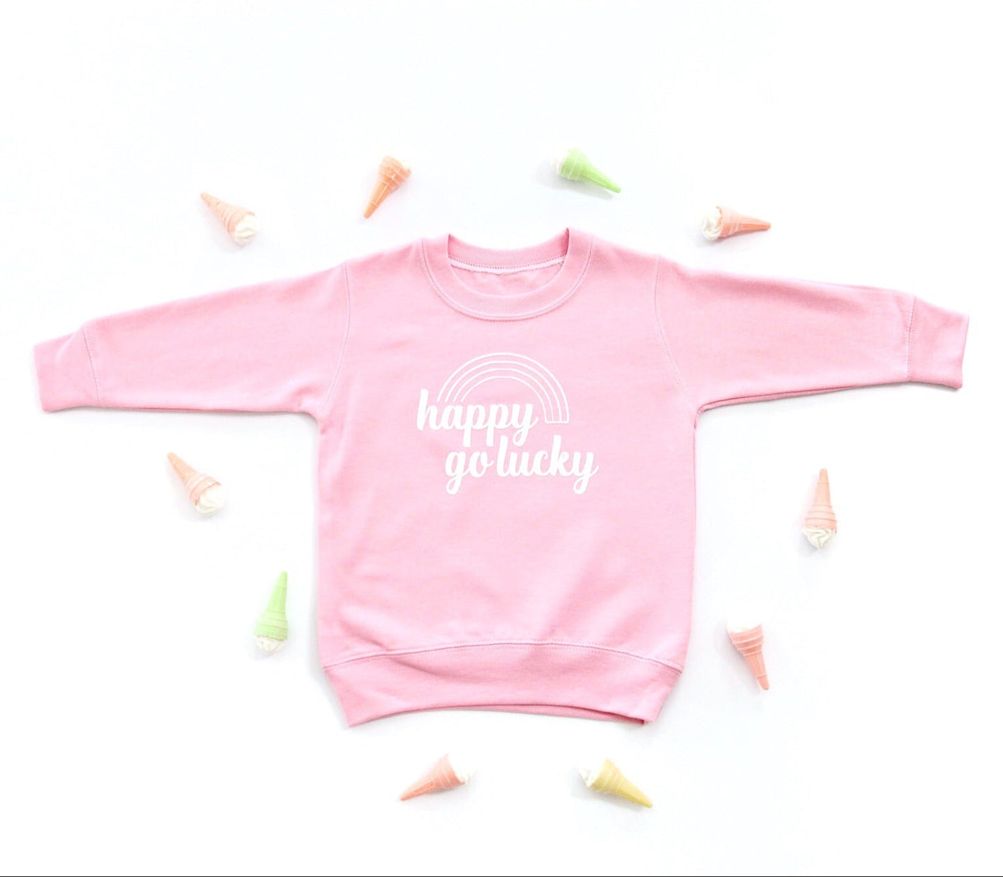 Pink Happy Go Lucky, Girls Rainbow Sweatshirt - The Wishing Elephant