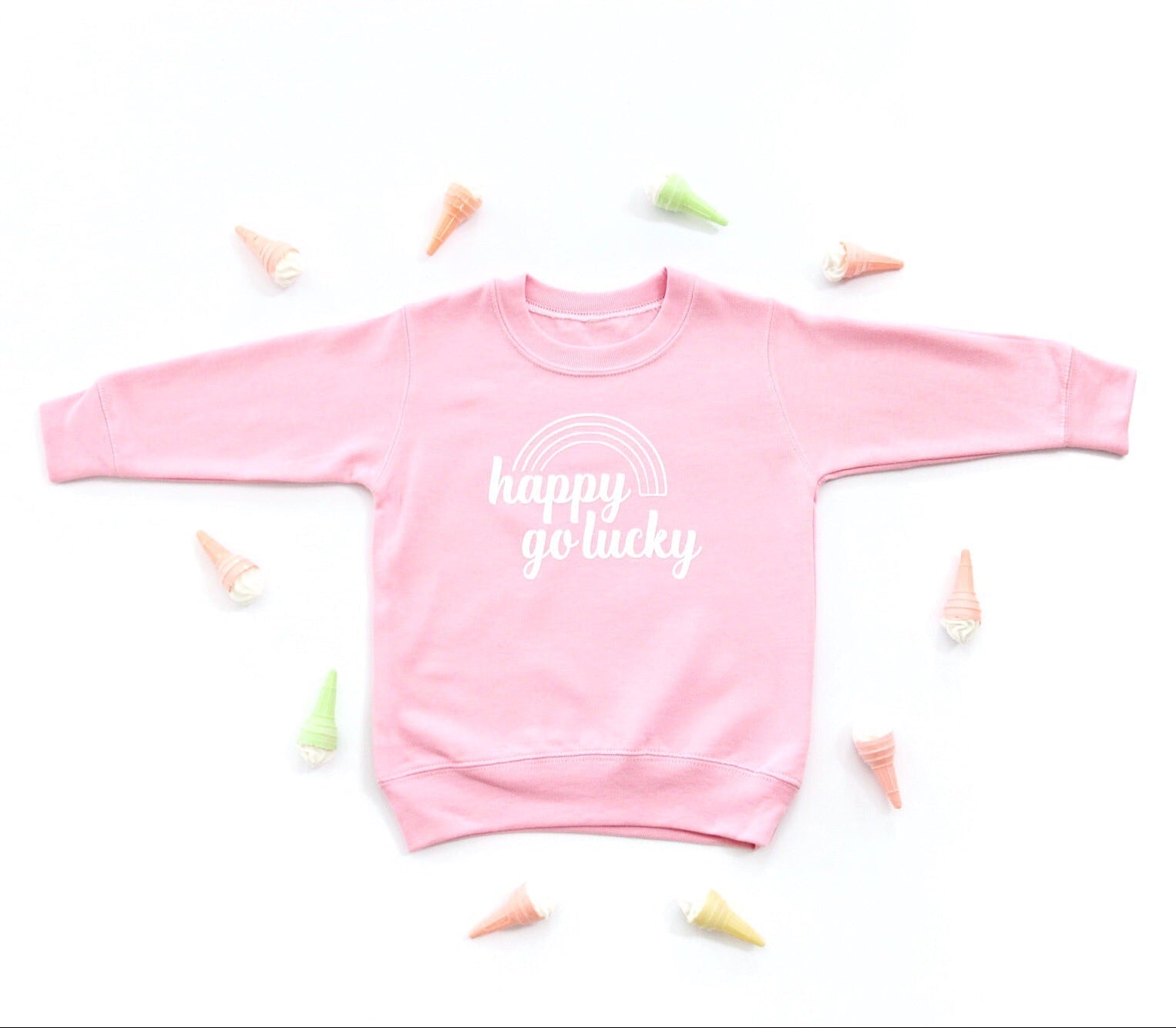 Pink Happy Go Lucky, Girls Rainbow Sweatshirt - The Wishing Elephant