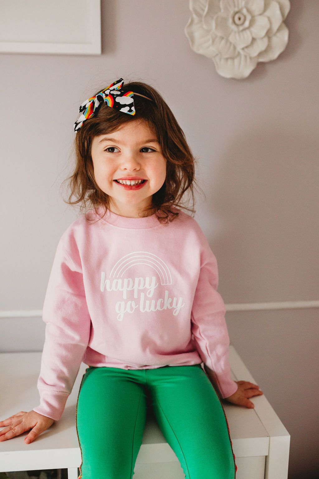 Pink Happy Go Lucky, Girls Rainbow Sweatshirt - The Wishing Elephant